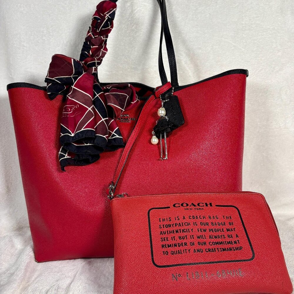 Coach Reversible Red and Black City Tote with Matching Pouch, Scarf and Charm